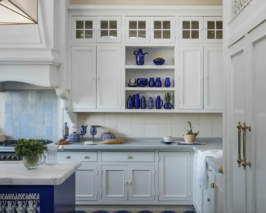 Blue and white Moroccan kitchen decor featuring vibrant tiles and handcrafted accessories.
