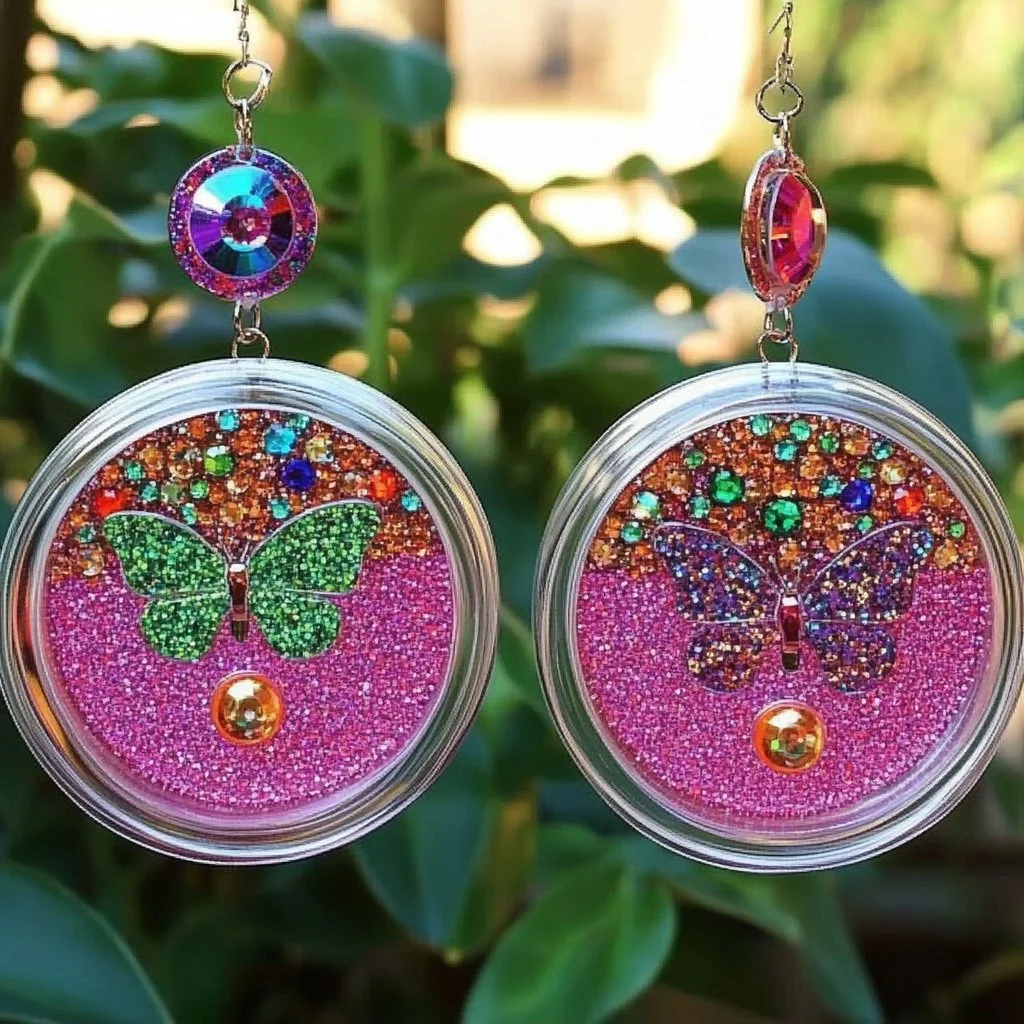 Glitter Lid Suncatcher Mobile hanging in sunlight, showcasing vibrant colors.