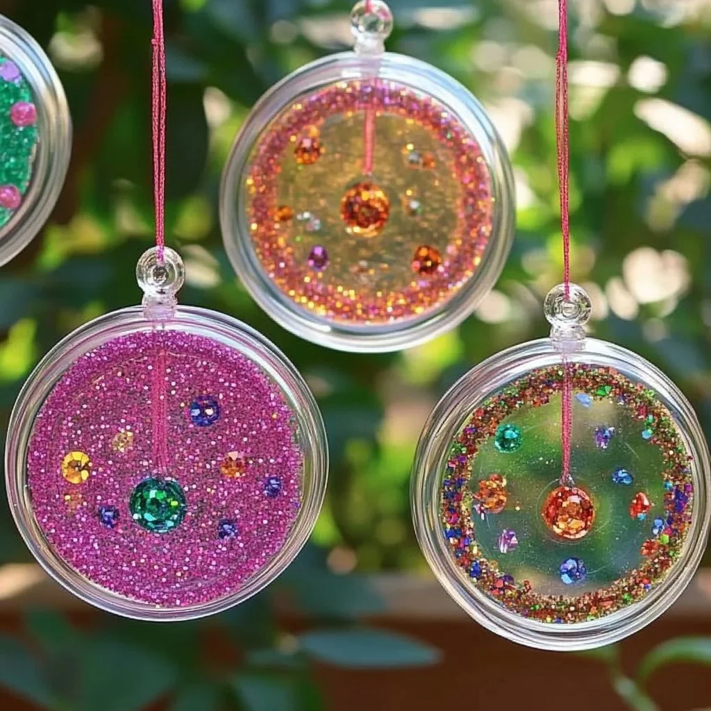 Colorful Glitter Lid Suncatcher Mobile reflecting sunlight indoors.