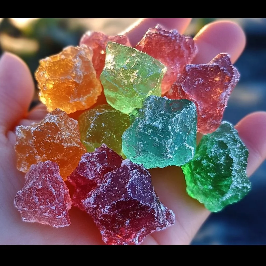 Glow-in-the-Dark Sour Candy Crystals in vibrant colors