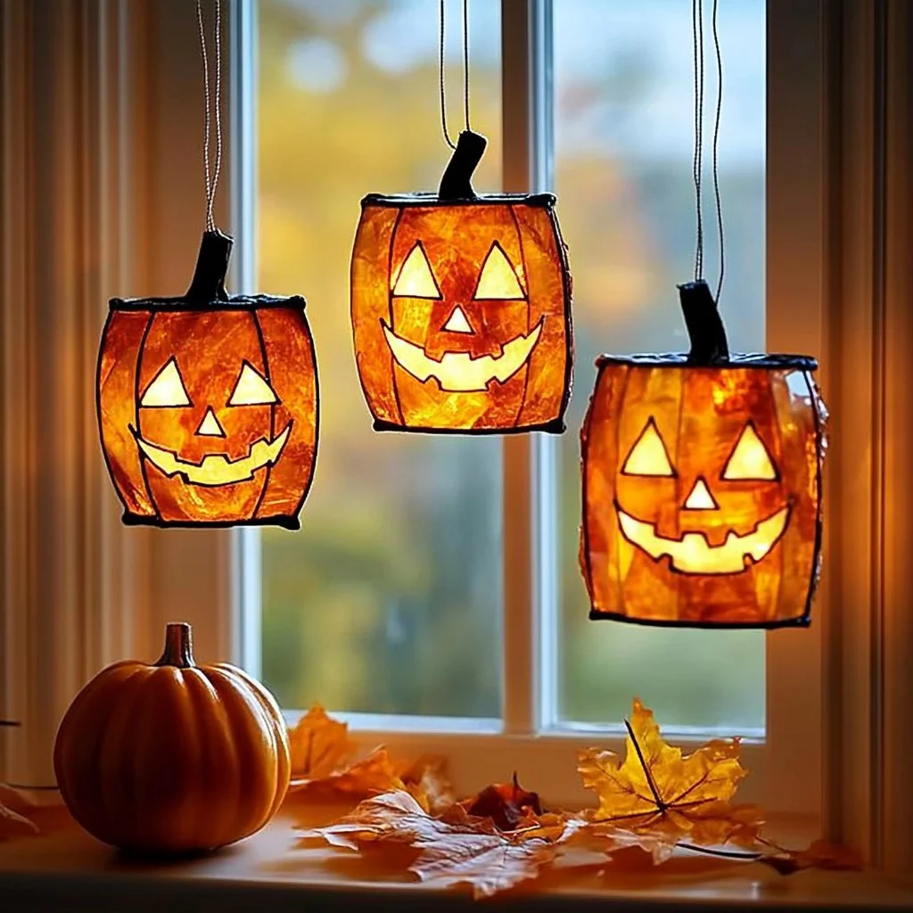 Glowing pumpkin suncatchers illuminating a window in autumn
