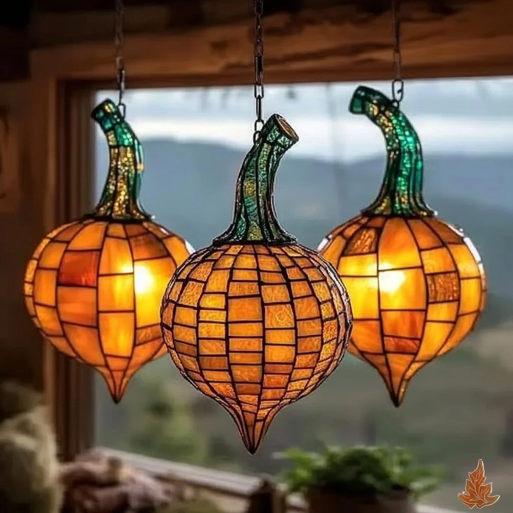 Glowing pumpkin suncatchers adding autumn charm to home decor