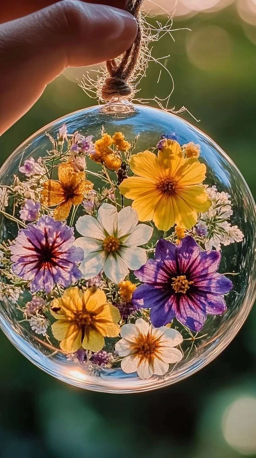 DIY pressed flower sun catcher made with vibrant, dried flowers for home decor