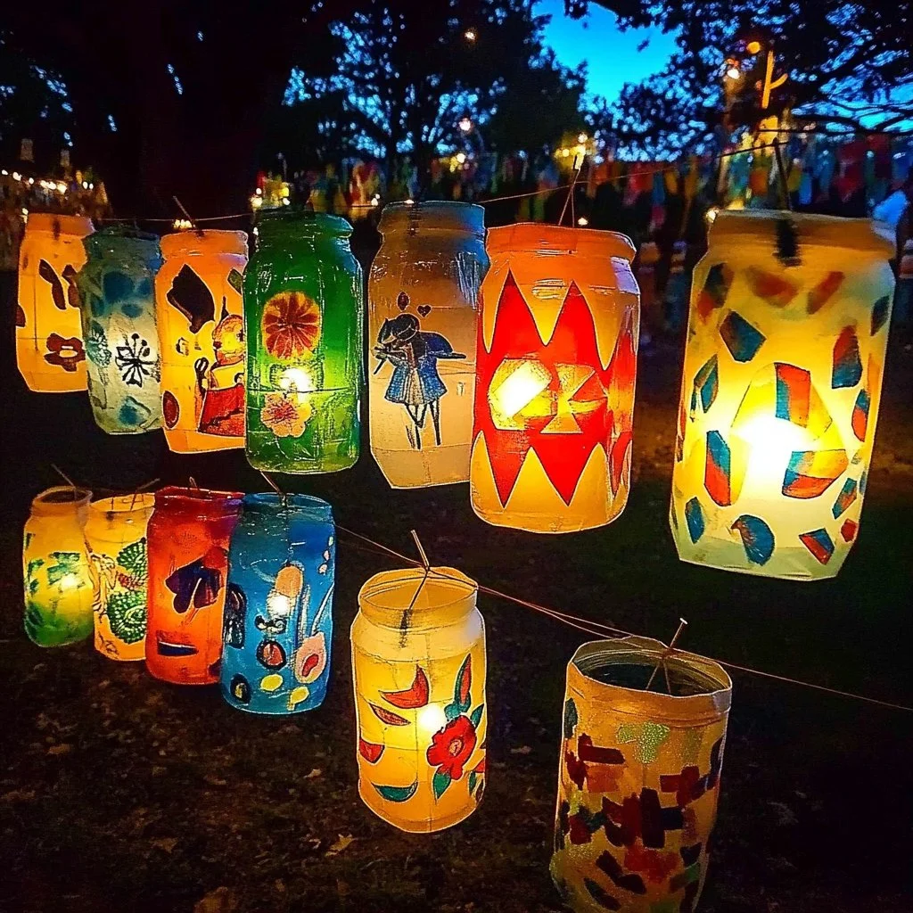 Colorful lanterns crafted from various materials in a creative workshop.