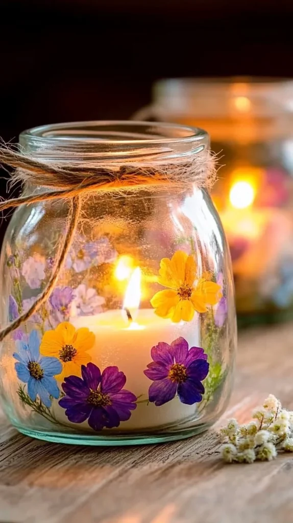 Light-up pressed flower jars showcasing illuminated dried flowers.