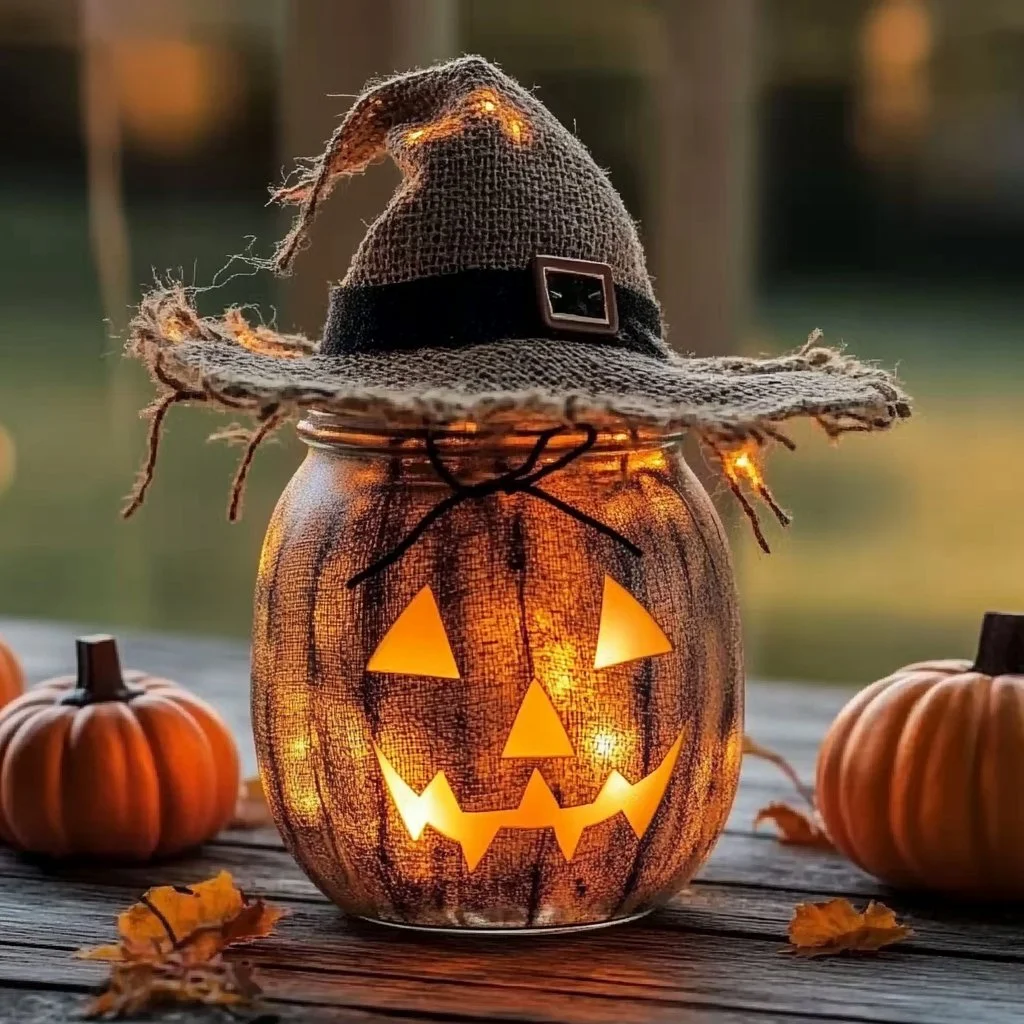 Light-up scarecrow mason jars for autumn decorations