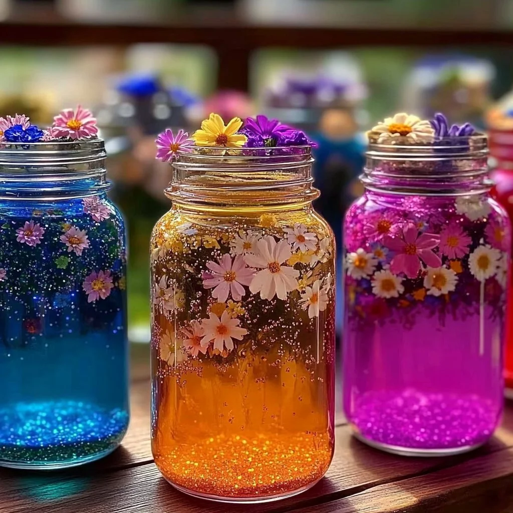 Colorful gelatin air fresheners with various scents in decorative jars