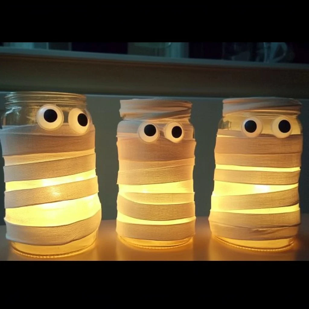 DIY Mummy Jam Jar Lanterns for Halloween decoration
