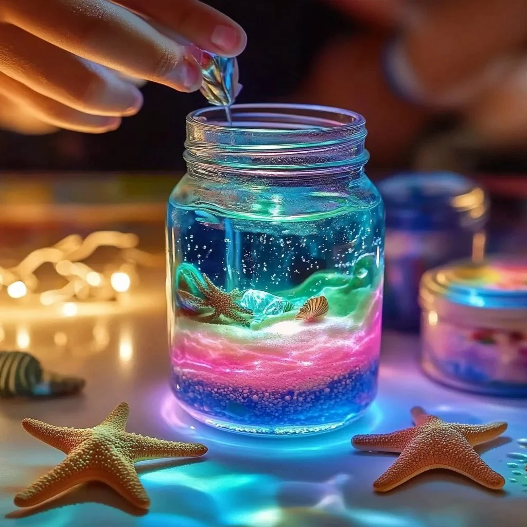Colorful Neon Ocean Sensory Jar filled with swirling vibrant liquids.