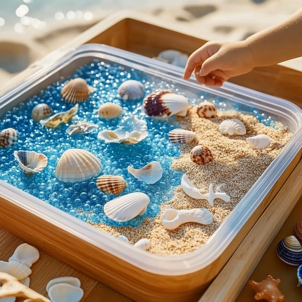 Ocean Beach sensory bin filled with sand, seashells, and ocean-themed toys for kids.