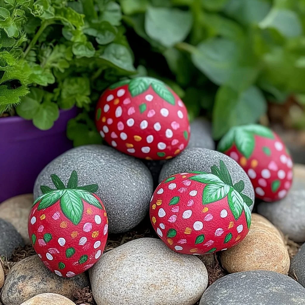Colorfully painted strawberry rocks for garden decoration