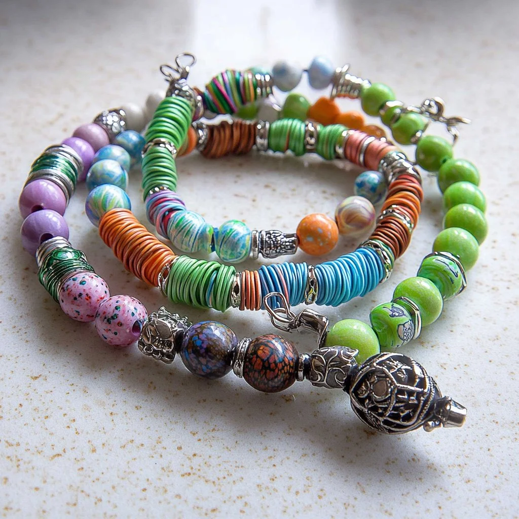 Handmade paper beads jewelry showcasing vibrant designs and colors.