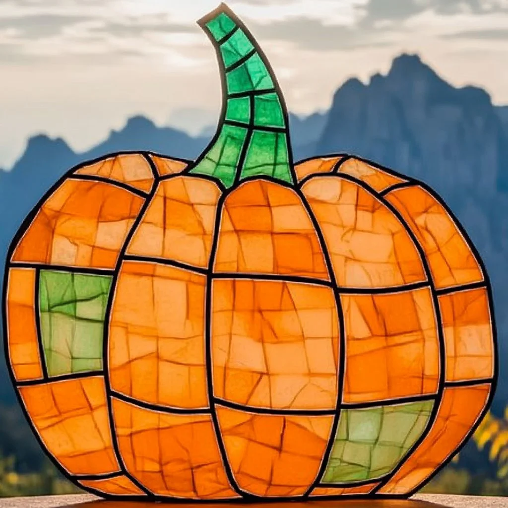 Colorful handmade pumpkin suncatchers for autumn decoration.