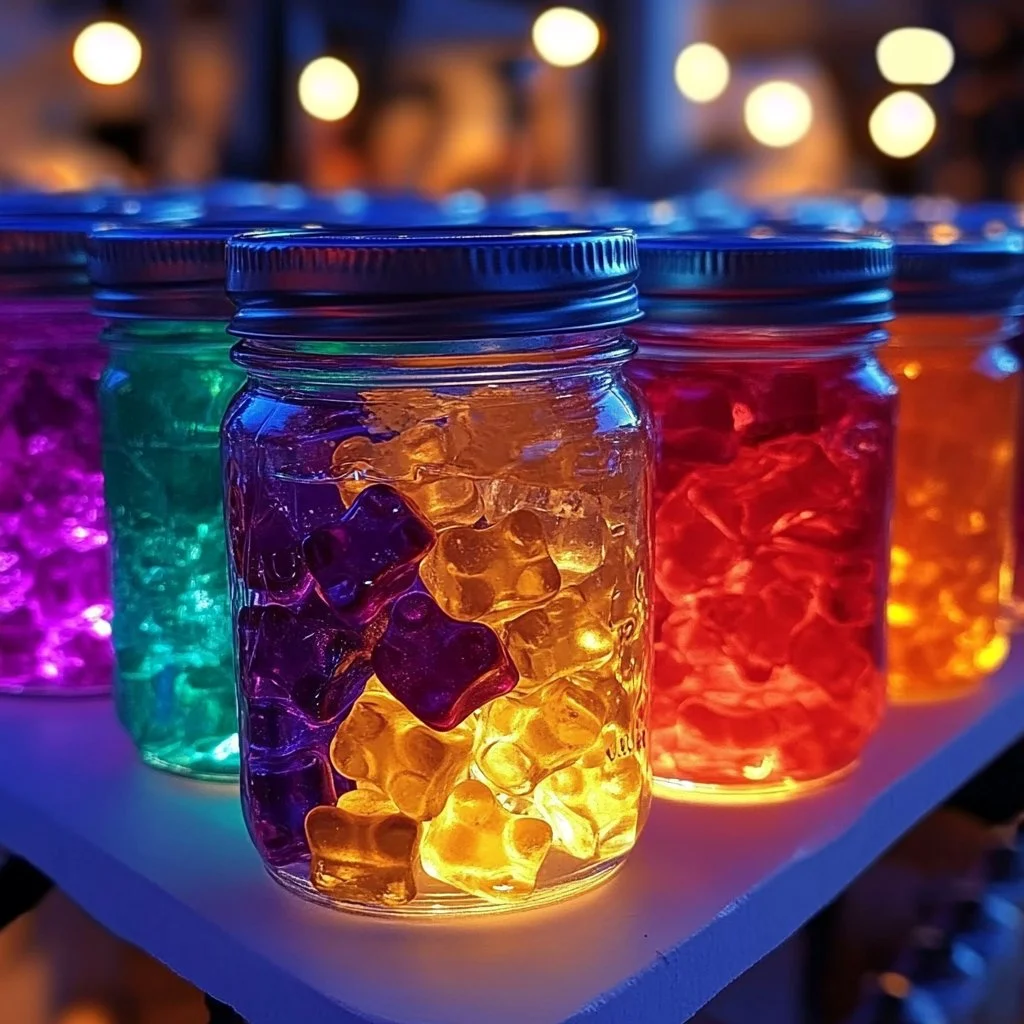 Colorful rainbow glow gummy bear jars filled with assorted gummy bears