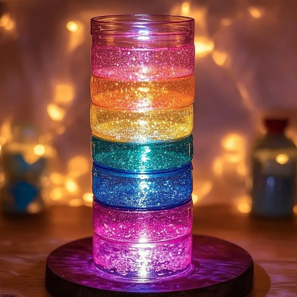 Colorful rainbow glow lava lamp bottles illuminating a cozy room