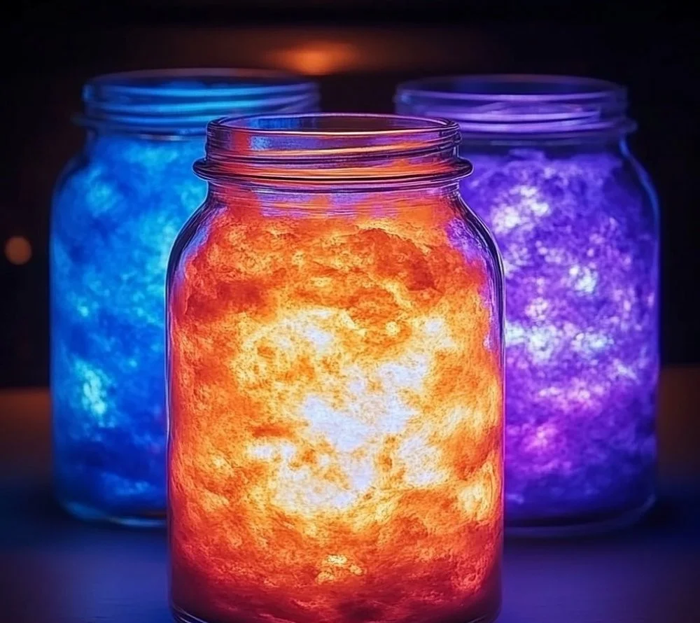 Colorful Rainbow Salt Glow Jars illuminating a cozy space with vibrant hues.