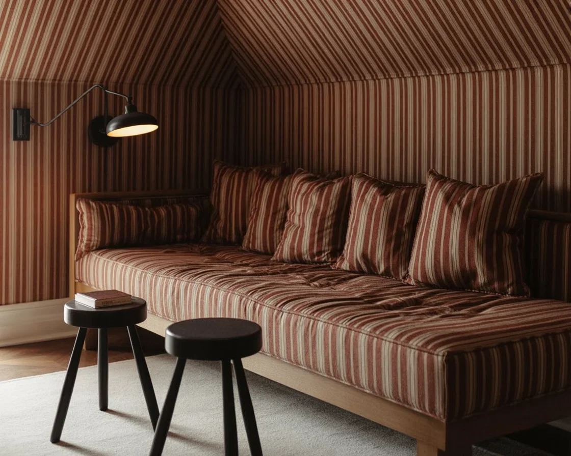 Living room showcasing pattern drenching design with patterned wallpaper and textiles.