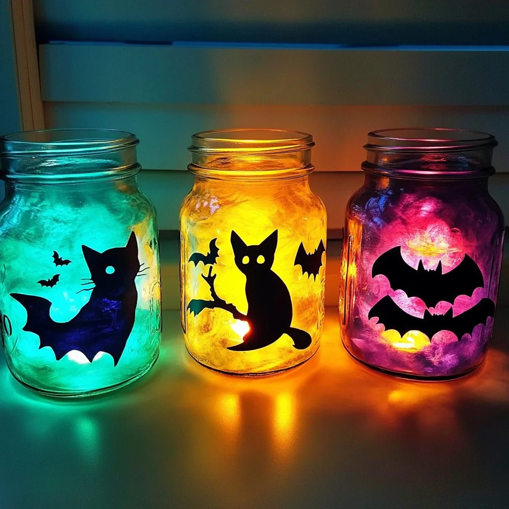 DIY spooky tissue paper jars for Halloween decoration.