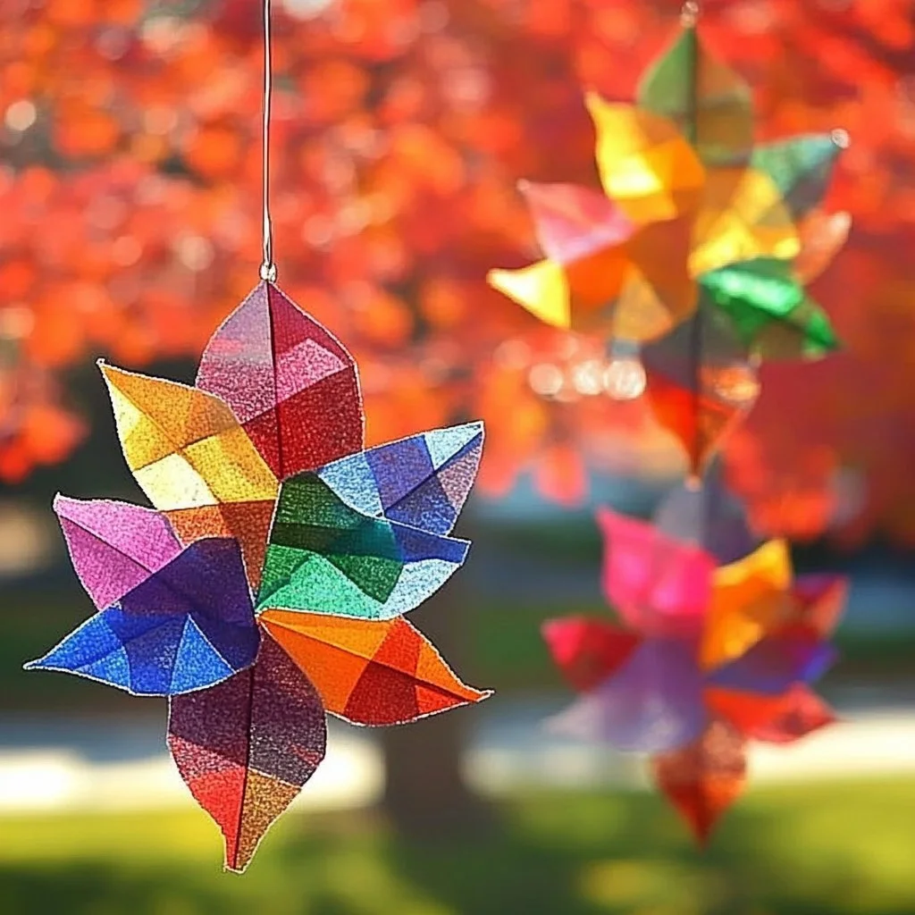 Colorful tissue paper leaf suncatchers shining in the sunlight