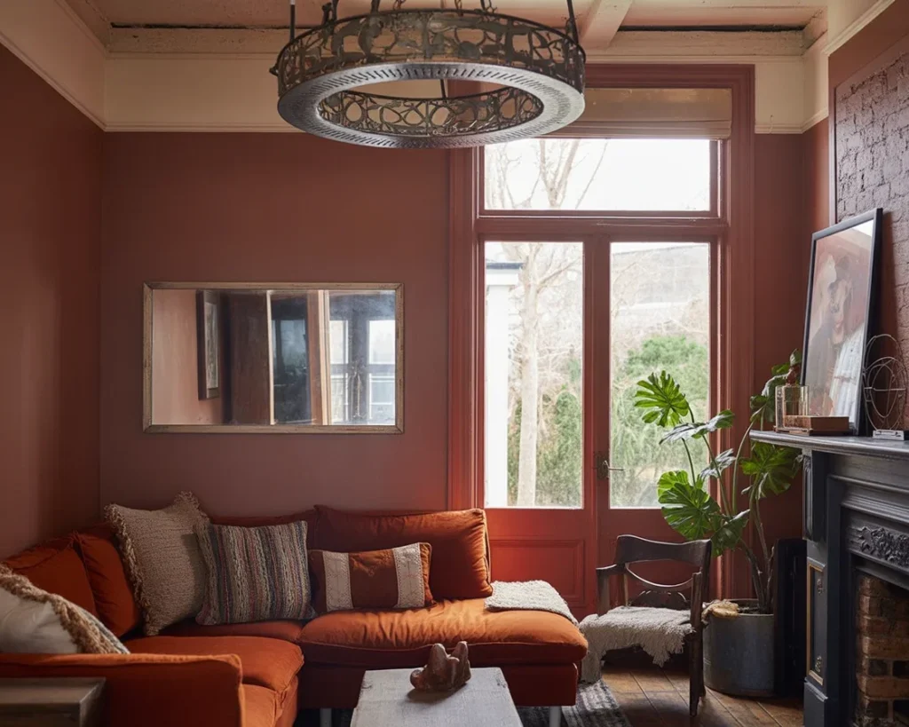 Color drenched living room featuring a cozy fireplace and vibrant decor.