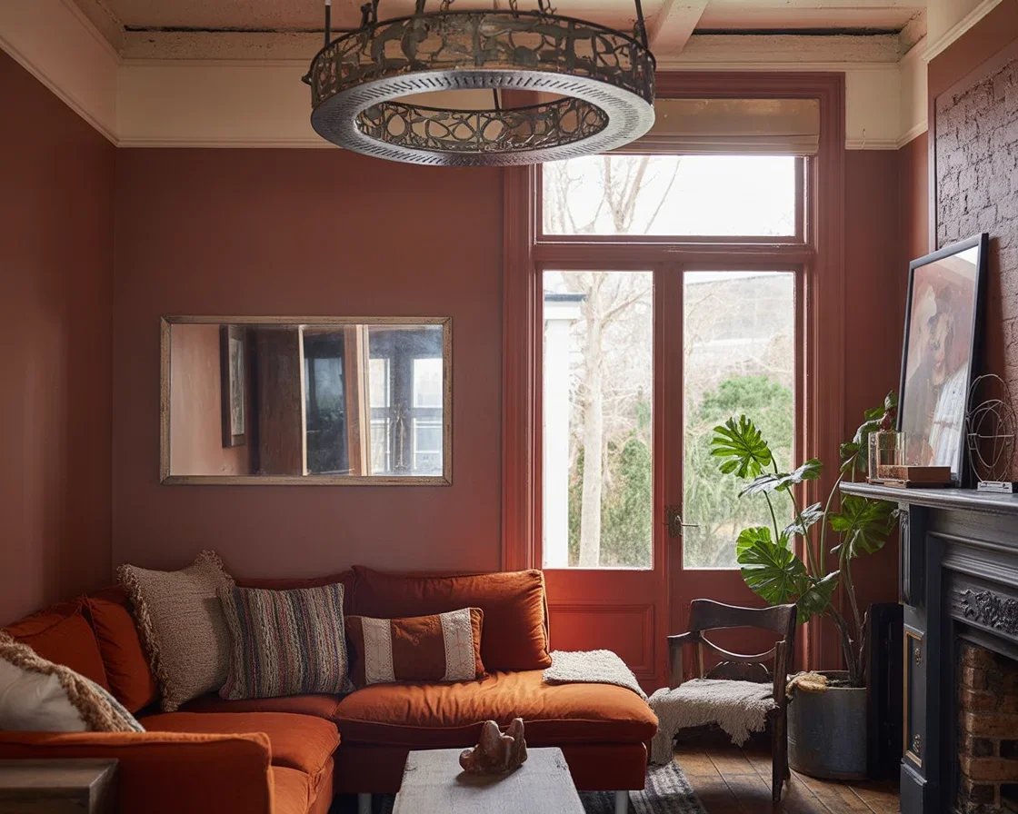 Color drenched living room featuring a cozy fireplace and vibrant decor.