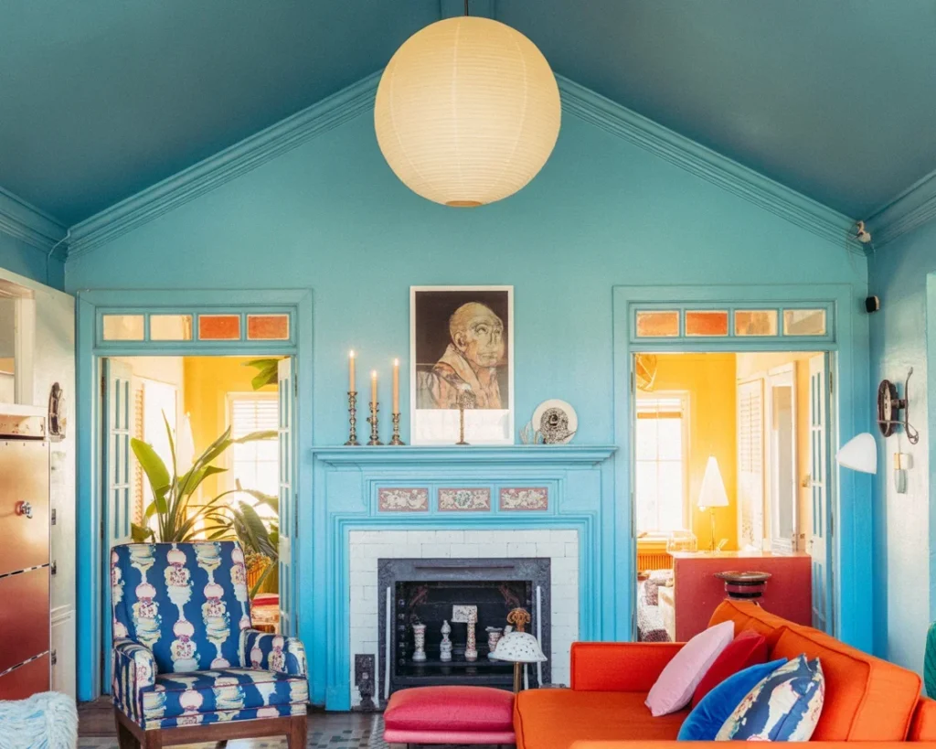 Beautifully designed blue color drenched living room showcasing elegant decor.
