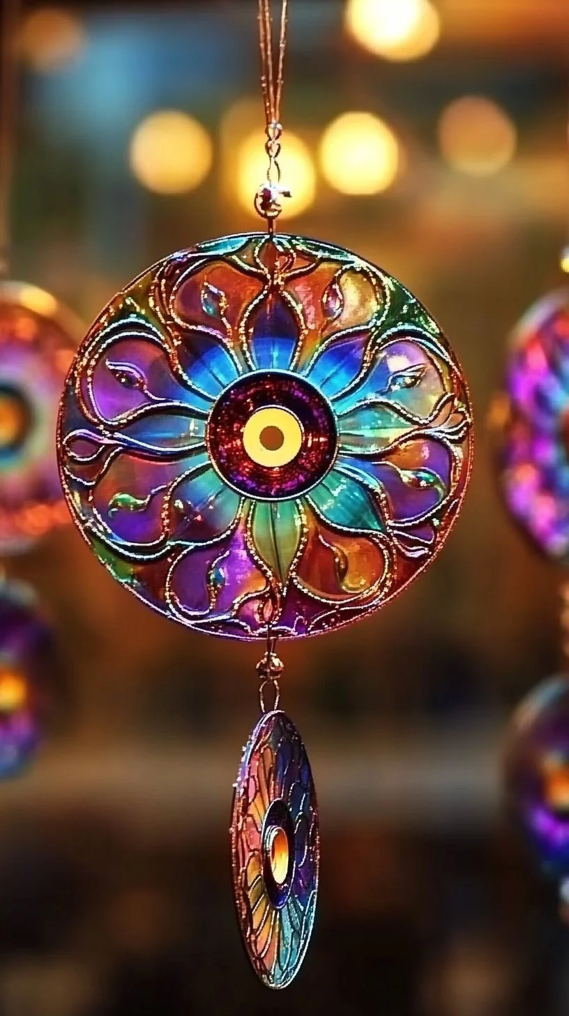 Colorful suncatchers made from recycled CDs hanging in sunlight