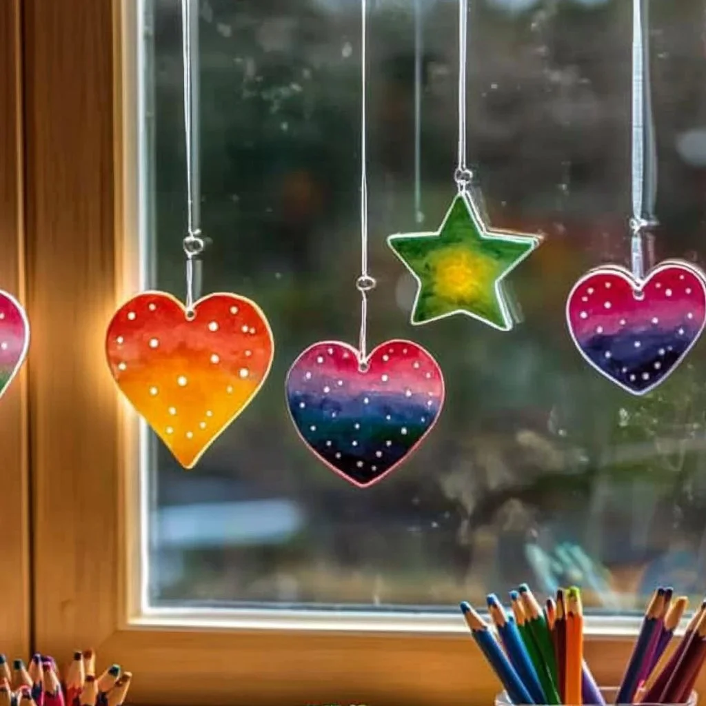Colorful DIY wax paper sun catchers hanging in a window