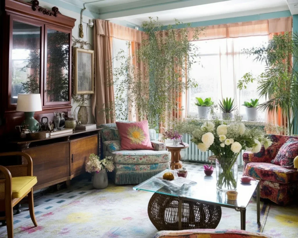 Cozy boho style living room featuring eclectic decor, soft textures, and plants.