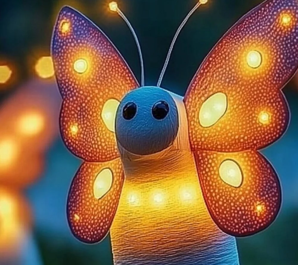 Colorful paper roll fireflies crafted for a whimsical children's project