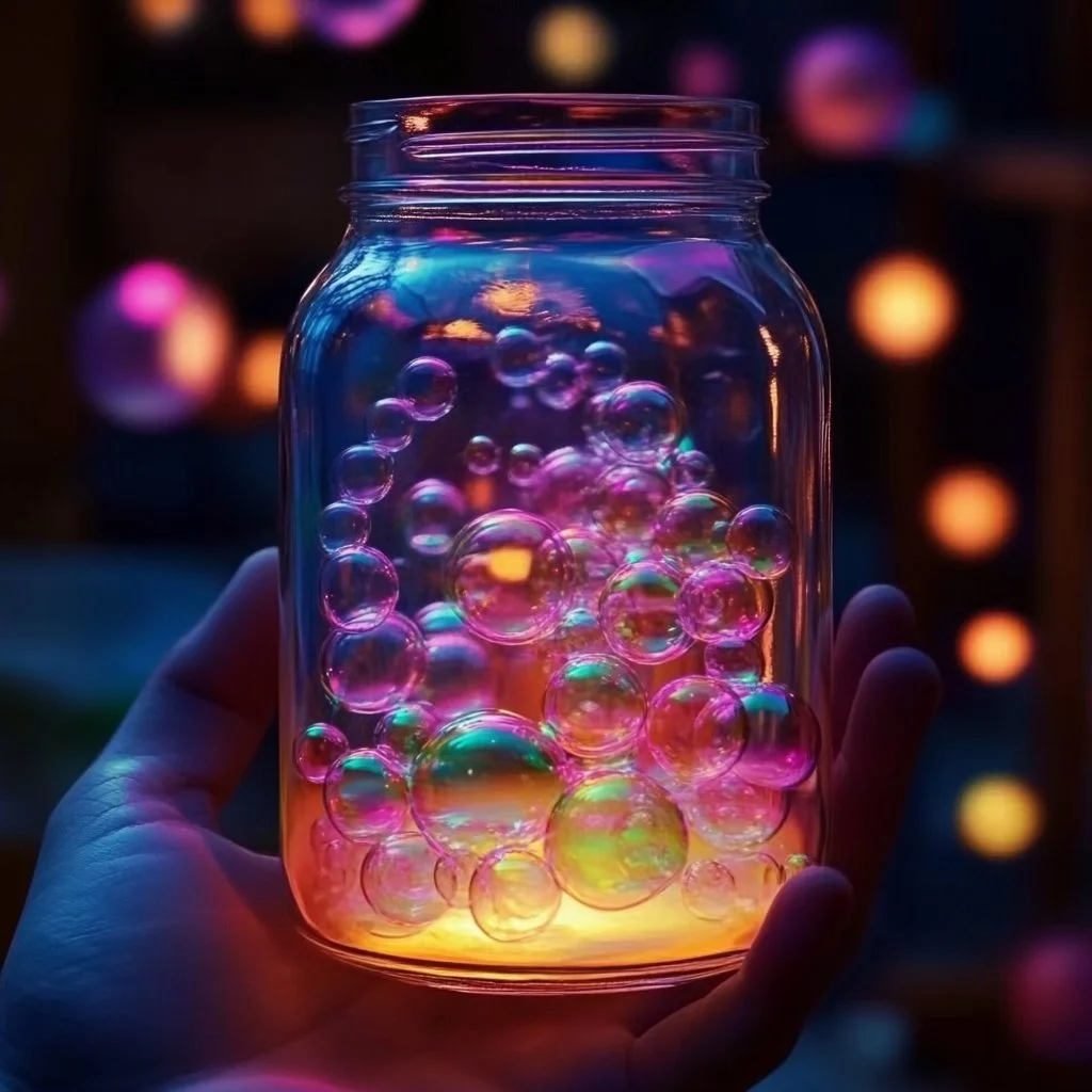 A glowing bubble jar made with baking soda, showcasing vibrant colors and bubbles.