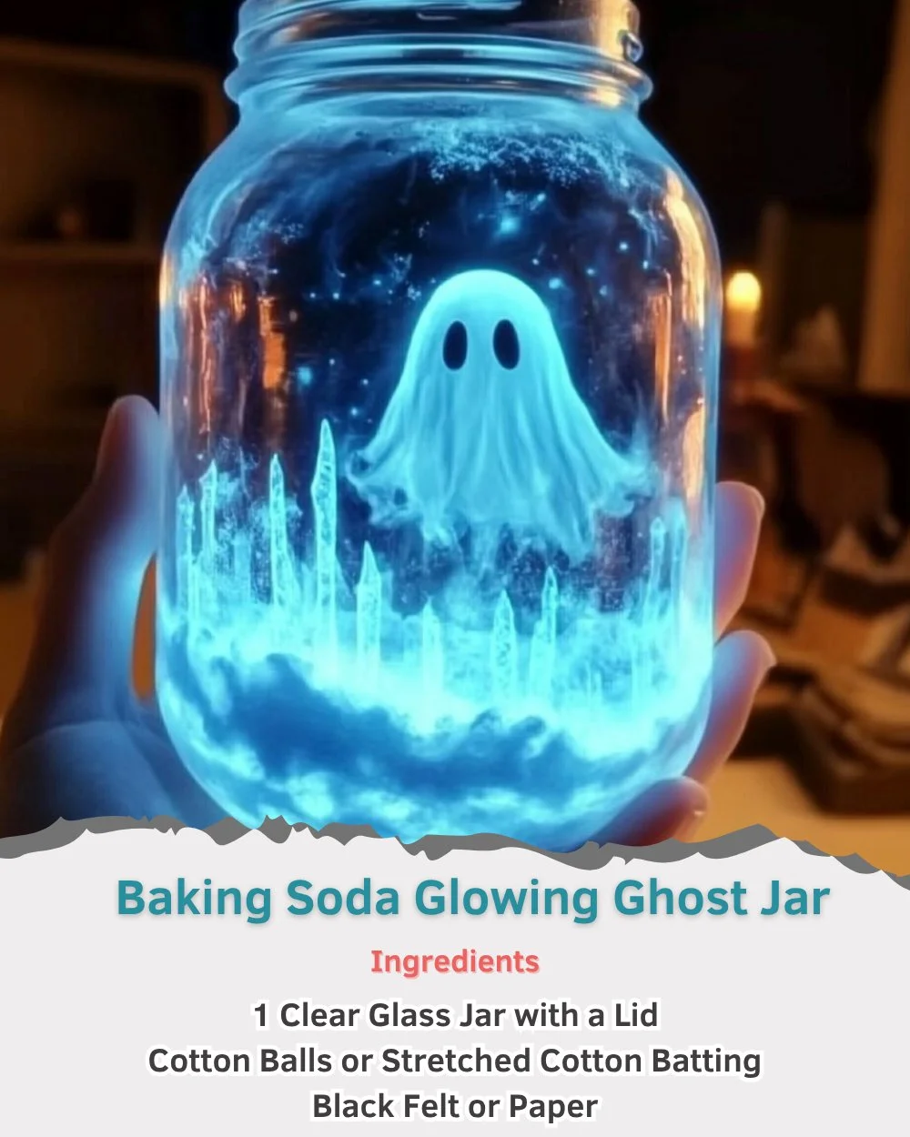 DIY baking soda glowing ghost jar for Halloween decoration