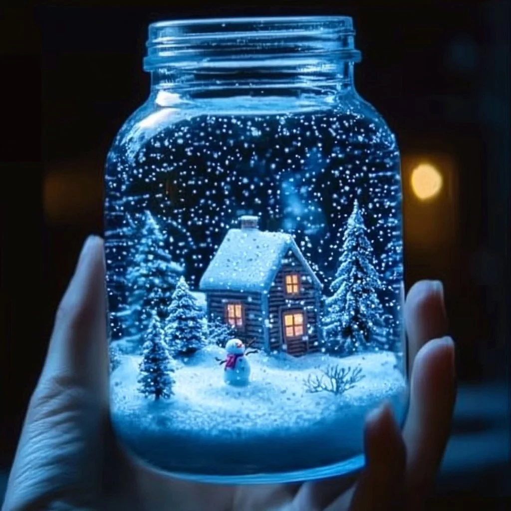 Homemade Baking Soda Snow Globe with festive decoration and snow effect.