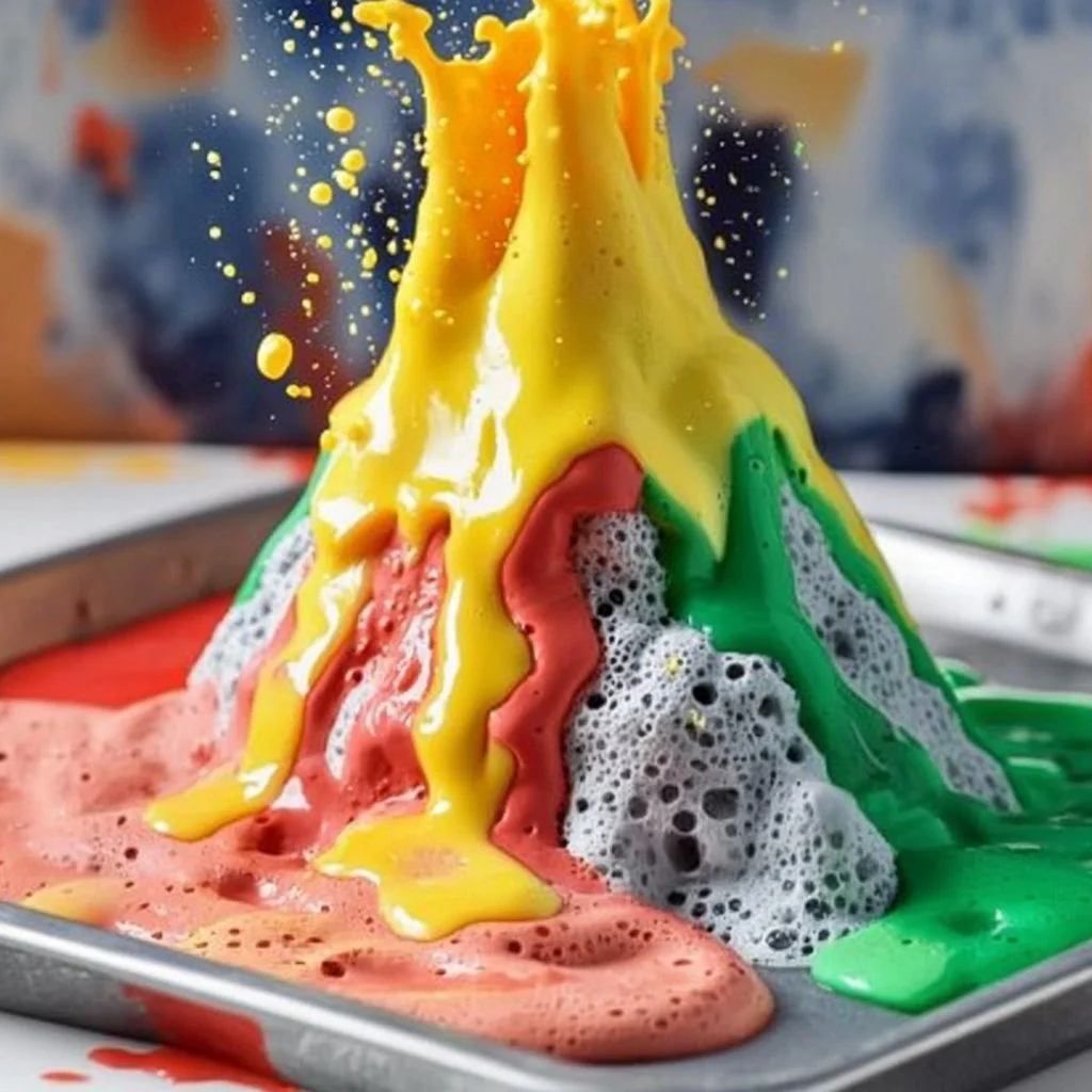 Baking soda volcano eruption demonstration with colorful lava flow