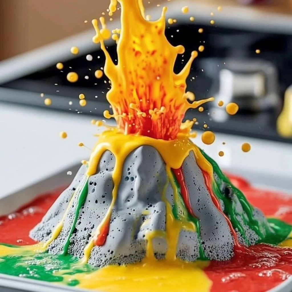 Baking soda volcano eruption experiment with colorful foam and bubbles.