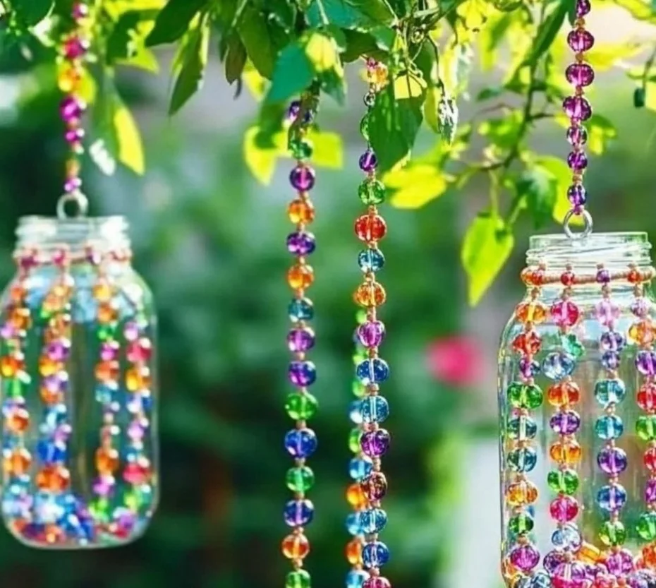 Colorful beaded plant hanger showcasing indoor plants stylishly.
