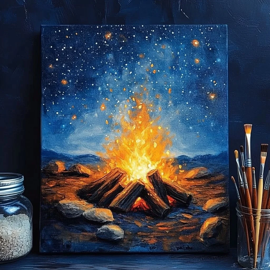 Beautiful campfire watercolor art showcasing warm hues and tranquil nature scenes.
