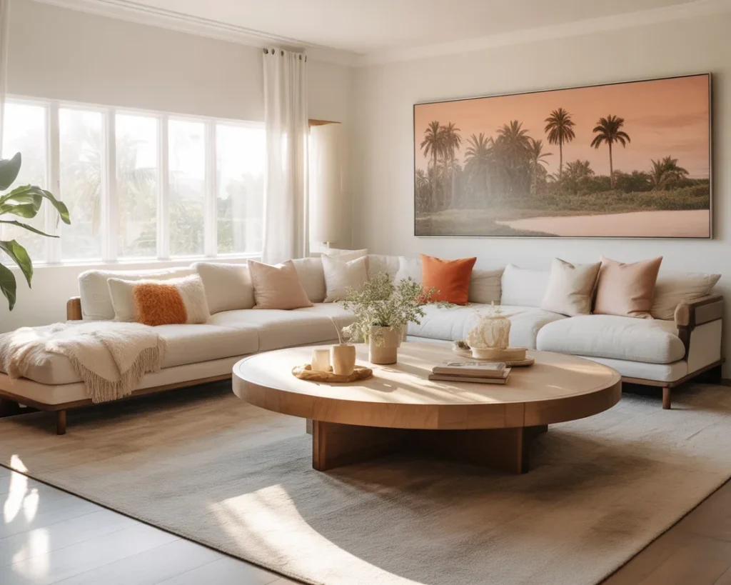 Cozy boho-style living room with eclectic decor and warm color palette.