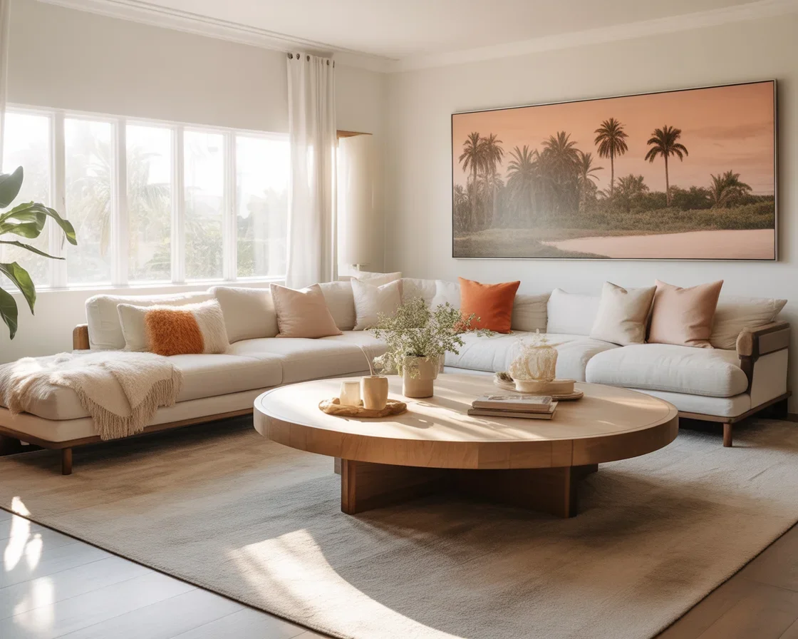 Cozy boho-style living room with eclectic decor and warm color palette.