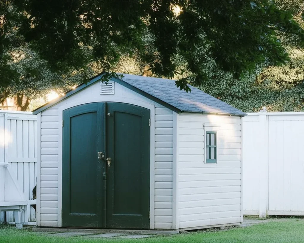 Beautifully decorated garden shed with festive Christmas theme and outdoor decor.
