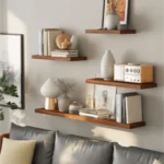 Rustic wooden floating shelves for living room decor and storage.