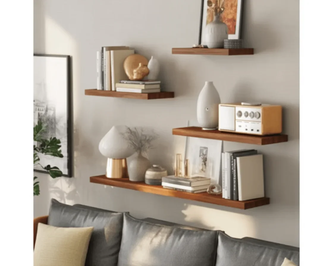 Rustic wooden floating shelves for living room decor and storage.