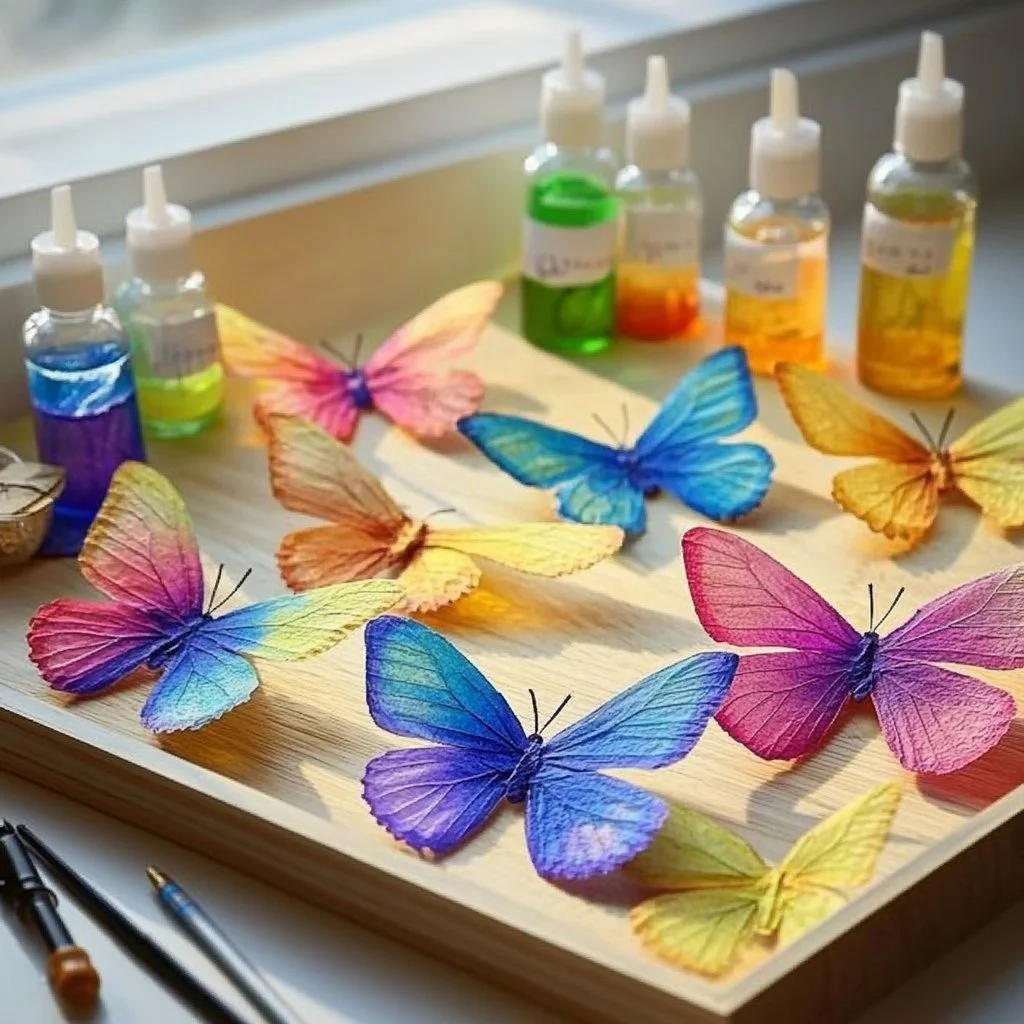 Chromatography coffee filter butterflies showcasing vibrant color separation.