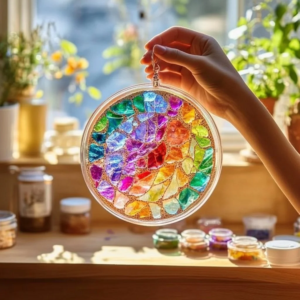 Colorful mosaic suncatcher crafted with clear glue