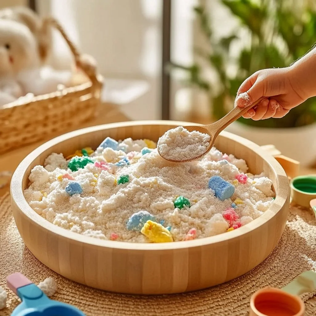 Homemade Kinetic Sand made from cornstarch and dish soap for sensory play.