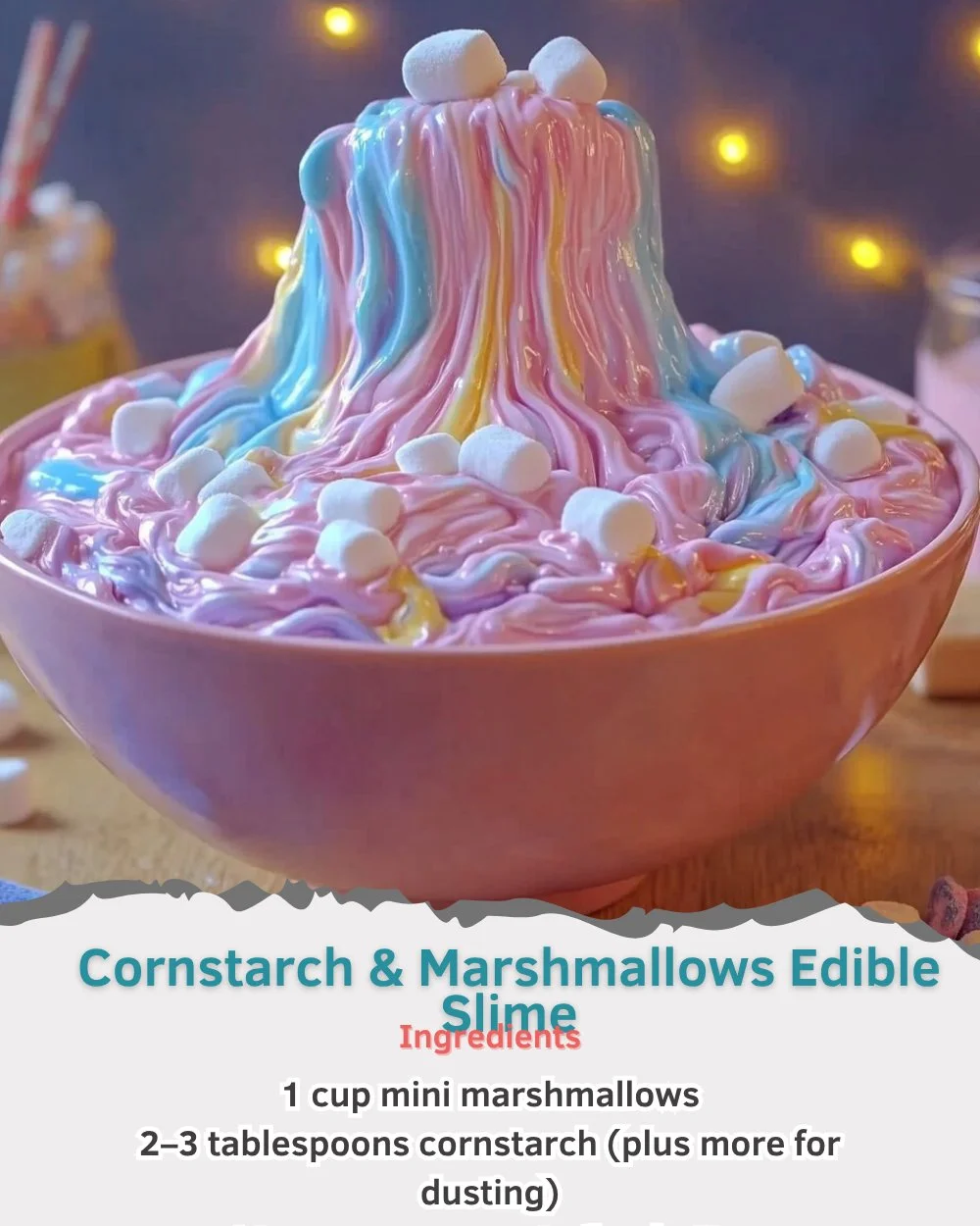 Colorful edible slime made with cornstarch and marshmallows for fun playtime.