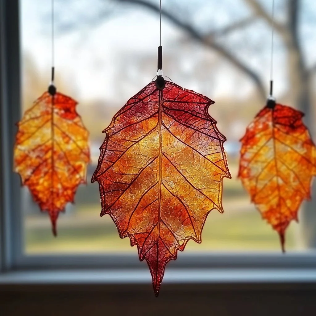 Colorful crayon leaf suncatchers hanging in a sunny window.