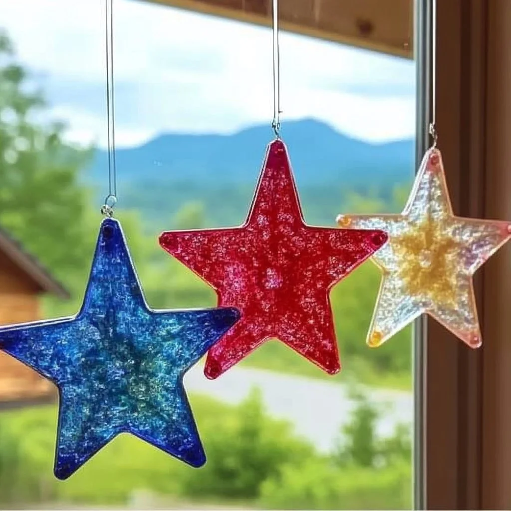Colorful crayon star sun catchers hanging in a window, casting vibrant light.