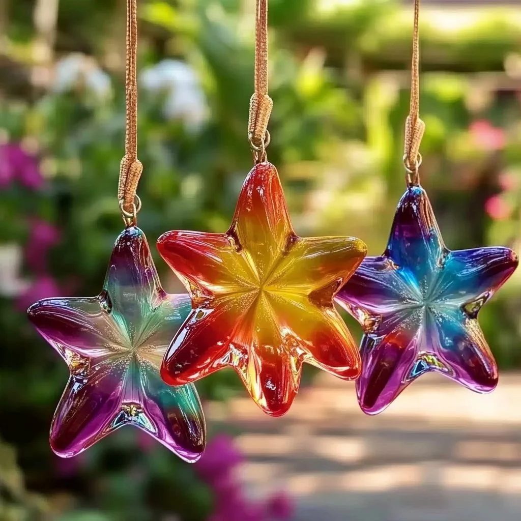 Colorful crayon star suncatchers hanging in sunlight