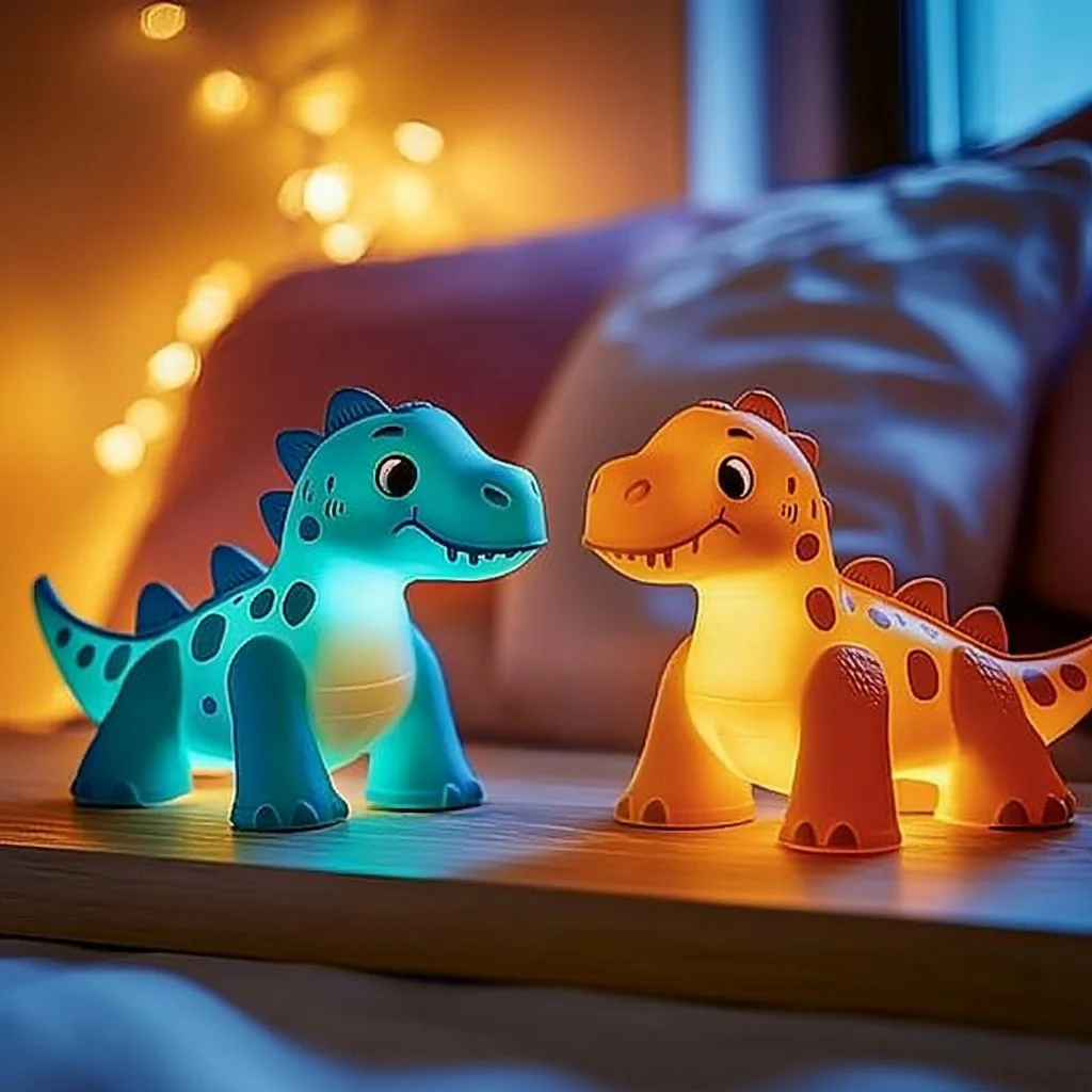 Colorful dinosaur night lights illuminating a child's bedroom